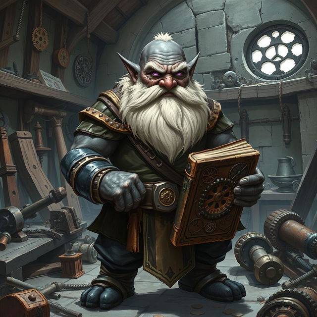 A stout and proud dark grey-skinned dwarf warrior mage D&D character with a distinctive white beard resembling rat whiskers and glowing purple eyes