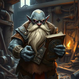 A stout and proud dark grey-skinned dwarf warrior mage D&D character with a distinctive white beard resembling rat whiskers and glowing purple eyes