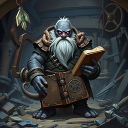 A stout and proud dark grey-skinned dwarf warrior mage D&D character with a distinctive white beard resembling rat whiskers and glowing purple eyes