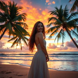 A beautiful 18-year-old woman standing on the beach with a romantic demeanor, surrounded by lush coconut trees on both sides
