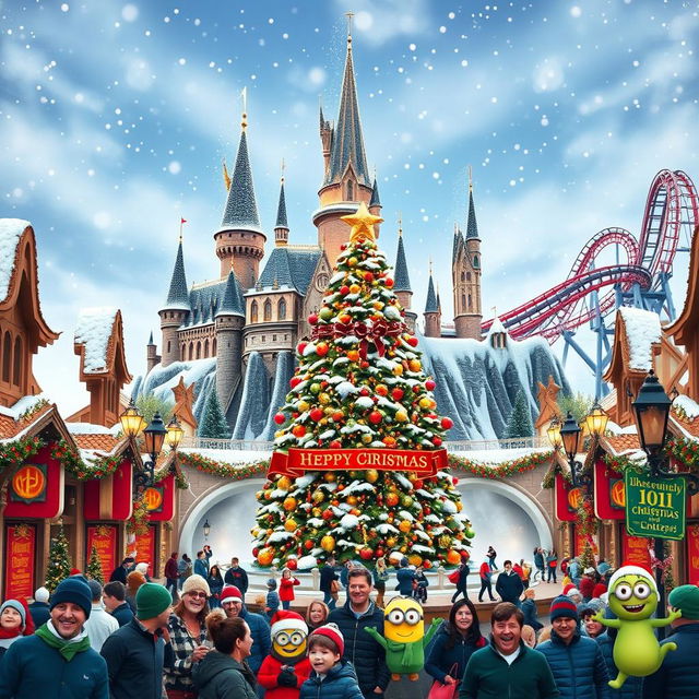 A festive and enchanting wallpaper for Universal Studios parks during Christmas, featuring decorated iconic attractions like the Hogwarts Castle, thrilling roller coasters adorned with twinkling lights, and a grand Christmas tree surrounded by snow