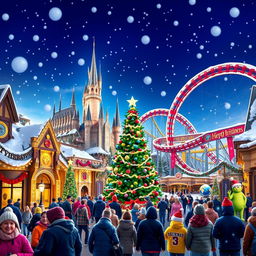 A festive and enchanting wallpaper for Universal Studios parks during Christmas, featuring decorated iconic attractions like the Hogwarts Castle, thrilling roller coasters adorned with twinkling lights, and a grand Christmas tree surrounded by snow