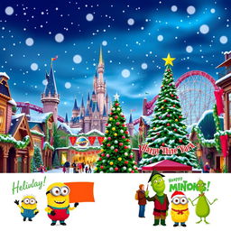 A festive and enchanting wallpaper for Universal Studios parks during Christmas, featuring decorated iconic attractions like the Hogwarts Castle, thrilling roller coasters adorned with twinkling lights, and a grand Christmas tree surrounded by snow