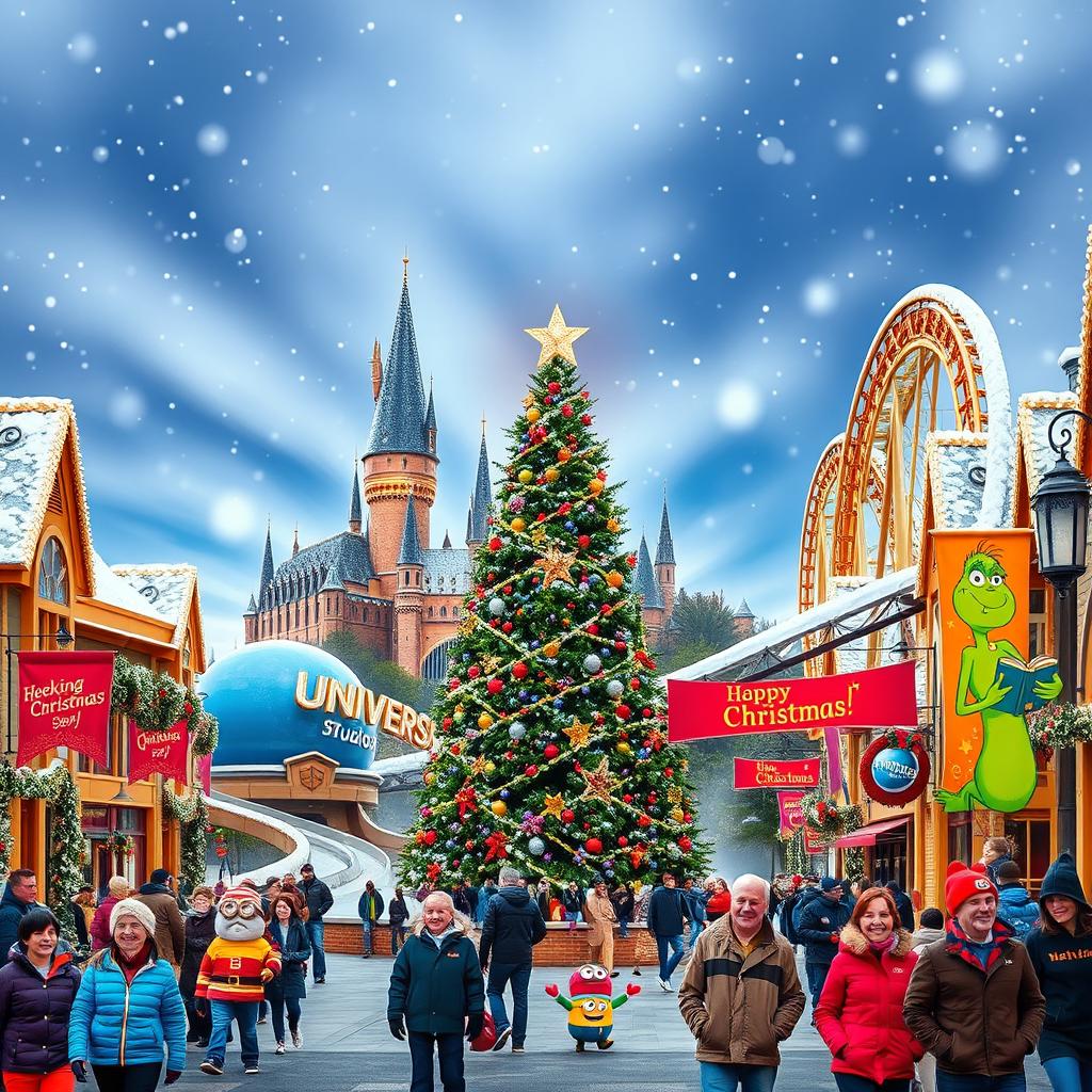 A festive and enchanting wallpaper for Universal Studios parks during Christmas, featuring decorated iconic attractions like the Hogwarts Castle, thrilling roller coasters adorned with twinkling lights, and a grand Christmas tree surrounded by snow