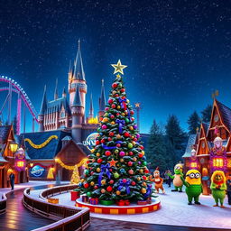 A stunning wallpaper for Universal Studios parks showcasing a magical Christmas theme without any people