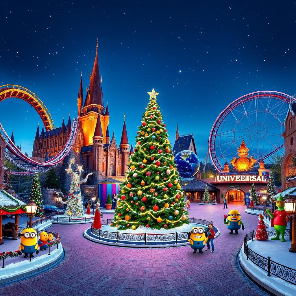 A stunning wallpaper for Universal Studios parks showcasing a magical Christmas theme without any people