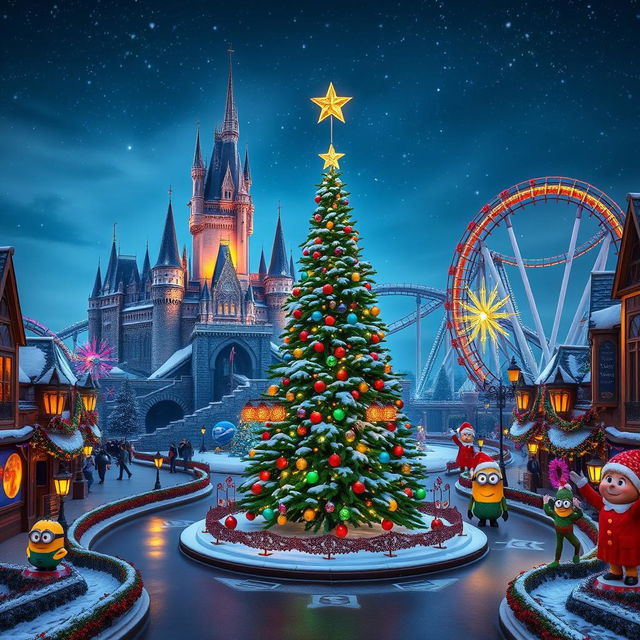 A stunning wallpaper for Universal Studios parks showcasing a magical Christmas theme without any people