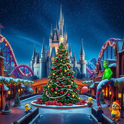 A stunning wallpaper for Universal Studios parks showcasing a magical Christmas theme without any people