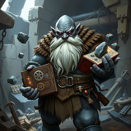 A stout and proud dark grey-skinned dwarf warrior mage D&D character with a distinctive white beard resembling rat whiskers and glowing purple eyes