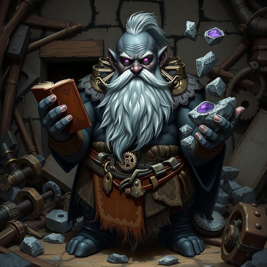 A stout and proud dark grey-skinned dwarf warrior mage D&D character with a distinctive white beard resembling rat whiskers and glowing purple eyes