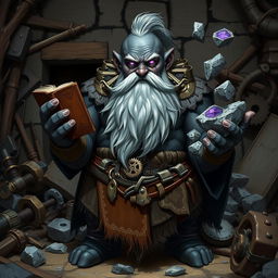 A stout and proud dark grey-skinned dwarf warrior mage D&D character with a distinctive white beard resembling rat whiskers and glowing purple eyes