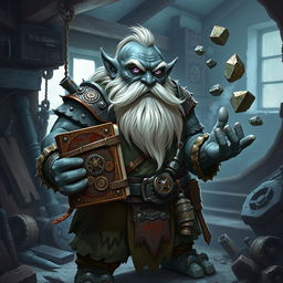 A stout and proud dark grey-skinned dwarf warrior mage D&D character with a distinctive white beard resembling rat whiskers and glowing purple eyes