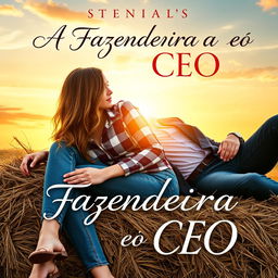 A captivating romance novel cover featuring a beautiful 18-year-old woman with long, wavy hair, dressed in blue jeans and a checkered shirt, lying on a haystack alongside a handsome, muscular man in a suit