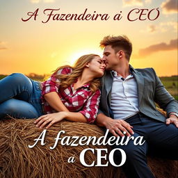 A captivating romance novel cover featuring a beautiful 18-year-old woman with long, wavy hair, dressed in blue jeans and a checkered shirt, lying on a haystack alongside a handsome, muscular man in a suit