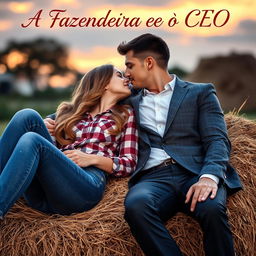 A captivating romance novel cover featuring a beautiful 18-year-old woman with long, wavy hair, dressed in blue jeans and a checkered shirt, lying on a haystack alongside a handsome, muscular man in a suit