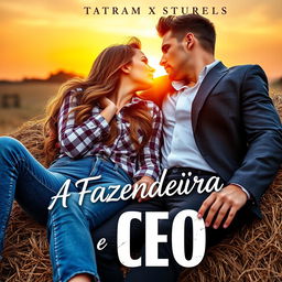 A captivating romance novel cover featuring a beautiful 18-year-old woman with long, wavy hair, dressed in blue jeans and a checkered shirt, lying on a haystack alongside a handsome, muscular man in a suit