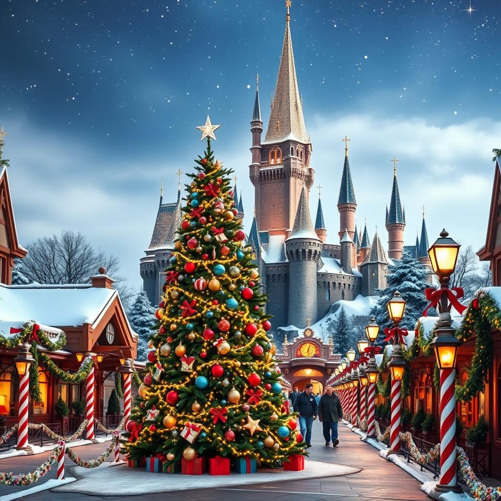 A beautiful wallpaper for Universal Studios parks featuring a festive Christmas theme without any people