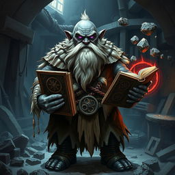 A stout and proud dark grey-skinned dwarf warrior mage D&D character with a distinctive white beard resembling rat whiskers and glowing purple eyes