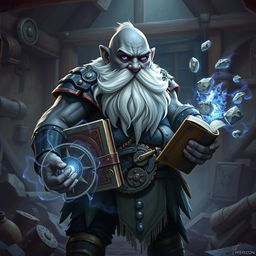 A stout and proud dark grey-skinned dwarf warrior mage D&D character with a distinctive white beard resembling rat whiskers and glowing purple eyes