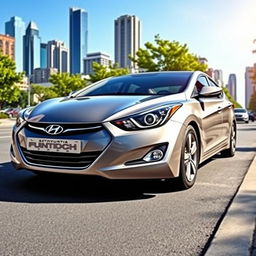A 2015 Hyundai Elantra parked on a city street, showcasing its sleek and modern design with smooth curves, stylish headlights, and a sporty appearance