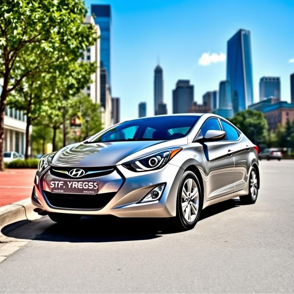 A 2015 Hyundai Elantra parked on a city street, showcasing its sleek and modern design with smooth curves, stylish headlights, and a sporty appearance