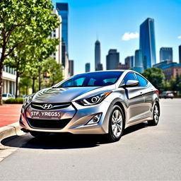 A 2015 Hyundai Elantra parked on a city street, showcasing its sleek and modern design with smooth curves, stylish headlights, and a sporty appearance