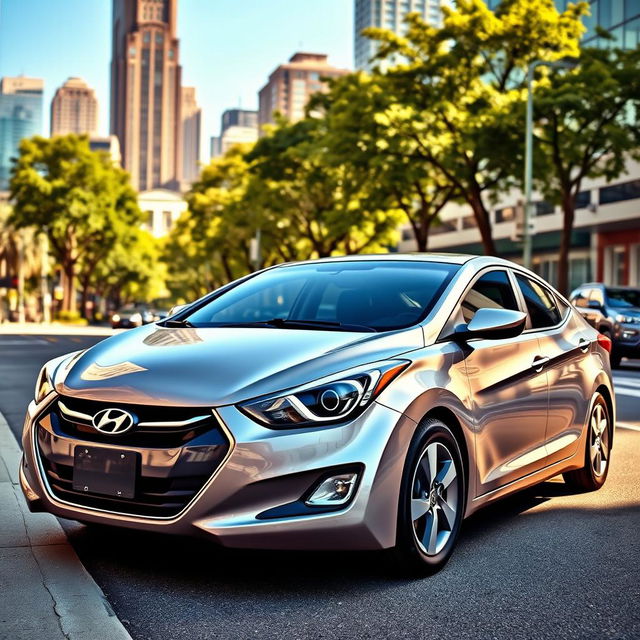 A 2015 Hyundai Elantra parked on a city street, showcasing its sleek and modern design with smooth curves, stylish headlights, and a sporty appearance