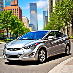 A 2015 Hyundai Elantra parked on a city street, showcasing its sleek and modern design with smooth curves, stylish headlights, and a sporty appearance