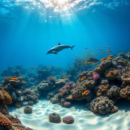 A mesmerizing underwater scene featuring a vibrant coral reef teeming with life