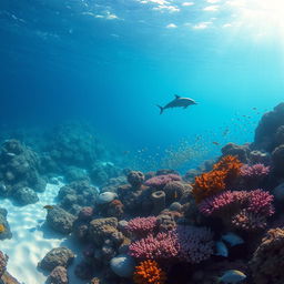 A mesmerizing underwater scene featuring a vibrant coral reef teeming with life
