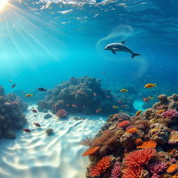 A mesmerizing underwater scene featuring a vibrant coral reef teeming with life