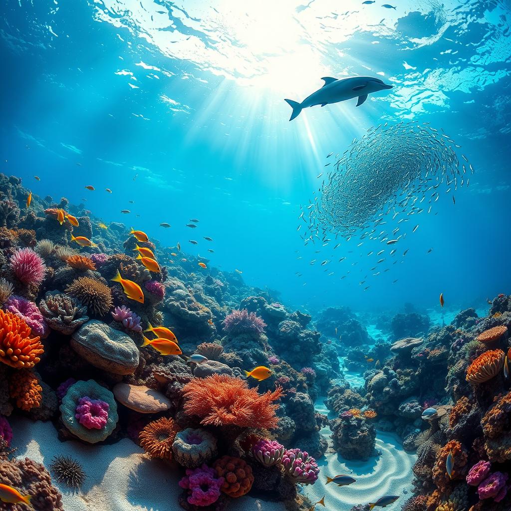 A mesmerizing underwater scene featuring a vibrant coral reef teeming with life