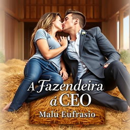 A romantic book cover for the title "A Fazendeira e o CEO" featuring a beautiful 18-year-old woman with long, wavy hair wearing jeans and a t-shirt, alongside a handsome, muscular, tall man dressed in a suit