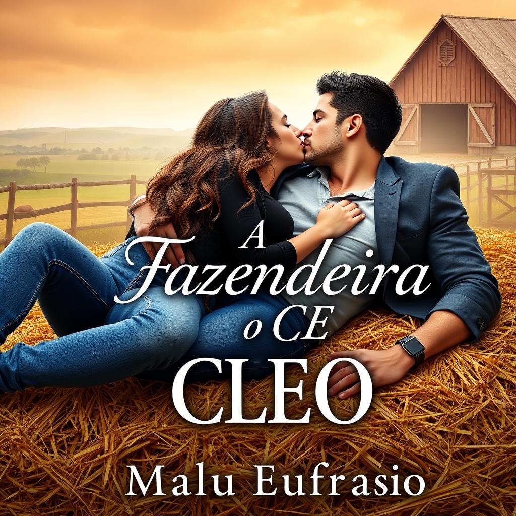 A romantic book cover for the title "A Fazendeira e o CEO" featuring a beautiful 18-year-old woman with long, wavy hair wearing jeans and a t-shirt, alongside a handsome, muscular, tall man dressed in a suit