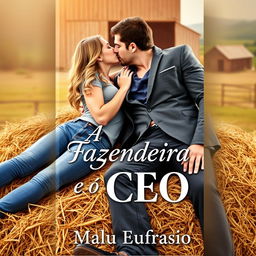 A romantic book cover for the title "A Fazendeira e o CEO" featuring a beautiful 18-year-old woman with long, wavy hair wearing jeans and a t-shirt, alongside a handsome, muscular, tall man dressed in a suit
