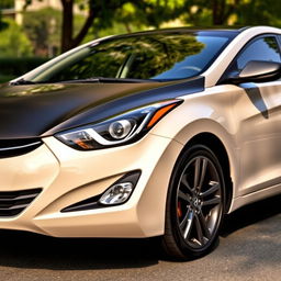 A detailed view of a 2015 Hyundai Elantra, featuring a creamy cream body color, with a black roof