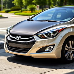 A detailed view of a 2015 Hyundai Elantra, featuring a creamy cream body color, with a black roof