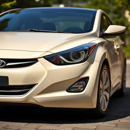 A detailed view of a 2015 Hyundai Elantra, featuring a creamy cream body color, with a black roof