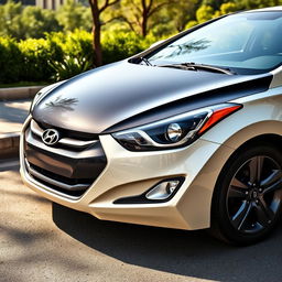 A detailed view of a 2015 Hyundai Elantra, featuring a creamy cream body color, with a black roof