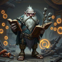 A stout and proud dark grey-skinned dwarf warrior mage D&D character with a distinctive white beard resembling rat whiskers and glowing purple eyes