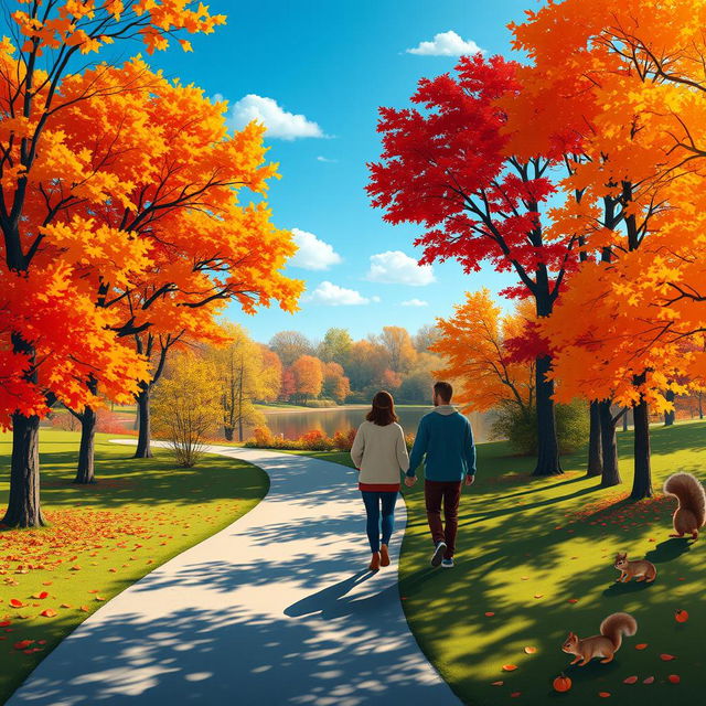 A serene landscape depicting a vibrant autumn park, featuring a winding pathway surrounded by trees with brilliant red, orange, and yellow leaves falling gently to the ground