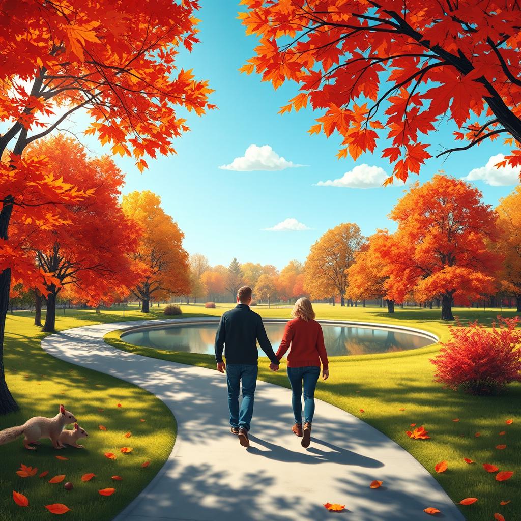 A serene landscape depicting a vibrant autumn park, featuring a winding pathway surrounded by trees with brilliant red, orange, and yellow leaves falling gently to the ground