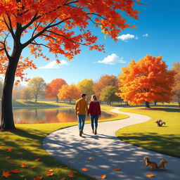 A serene landscape depicting a vibrant autumn park, featuring a winding pathway surrounded by trees with brilliant red, orange, and yellow leaves falling gently to the ground