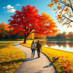 A serene landscape depicting a vibrant autumn park, featuring a winding pathway surrounded by trees with brilliant red, orange, and yellow leaves falling gently to the ground