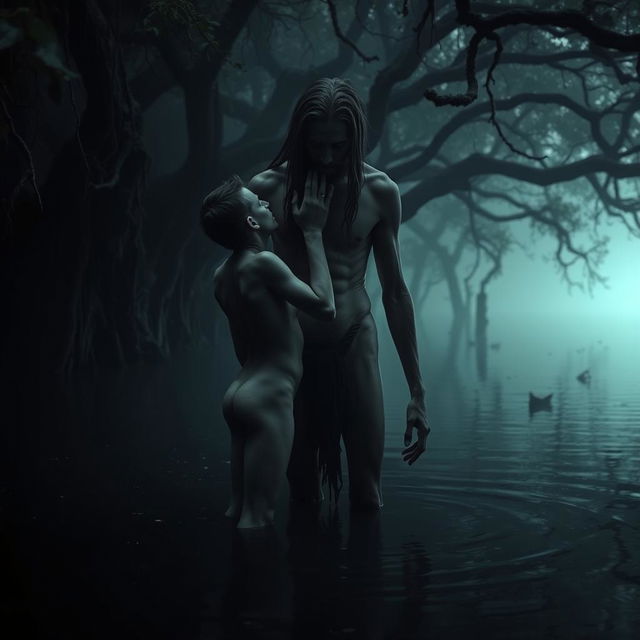 In a dark and atmospheric swamp, a nude short young man leans his buttocks into the nude form of a tall, emaciated man with long hair and a beard