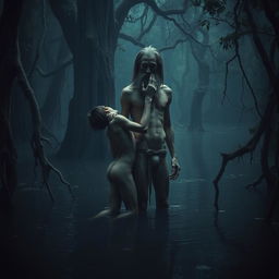 In a dark and atmospheric swamp, a nude short young man leans his buttocks into the nude form of a tall, emaciated man with long hair and a beard