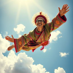 A whimsical scene of a man wearing a traditional Indonesian risoles costume, which is colorful and richly detailed