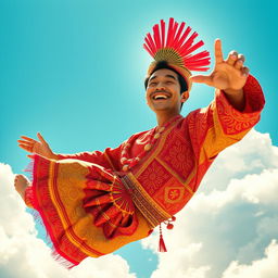 A whimsical scene of a man wearing a traditional Indonesian risoles costume, which is colorful and richly detailed