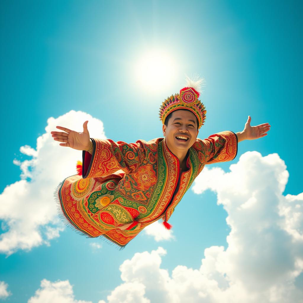 A whimsical scene of a man wearing a traditional Indonesian risoles costume, which is colorful and richly detailed