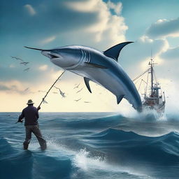 An epic scene of a fisherman embarking on the daunting task of catching a giant swordfish shark, the vast ocean surrounding them